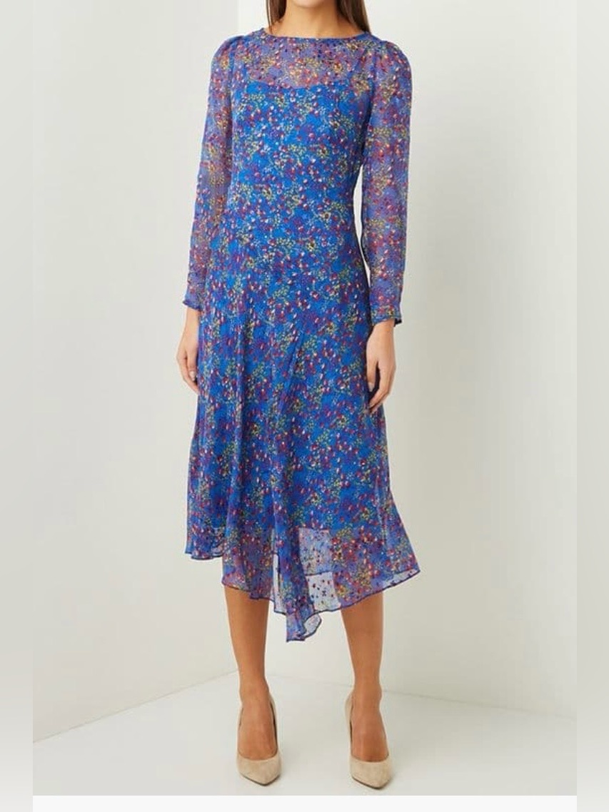 Lk Bennett Electric 8 Blue Sheer Floral Long-Sleeve Midi Dress Nwt $745